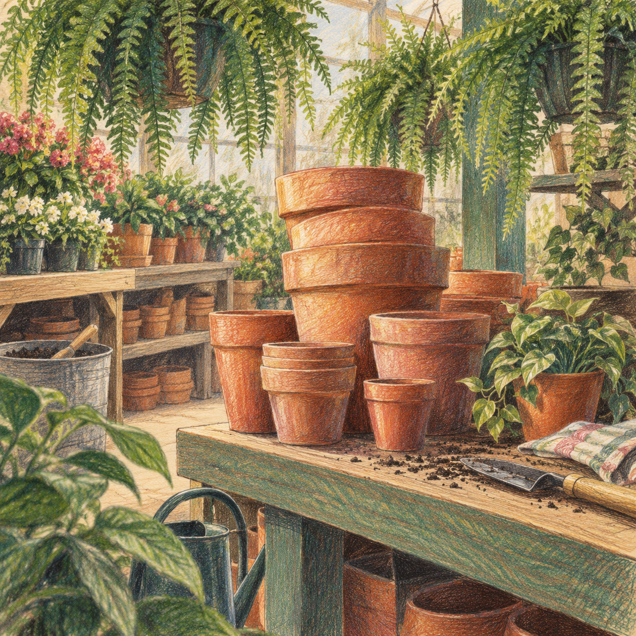 Illustration of independent garden center: stacked terracotta pots, hanging ferns, potting benches