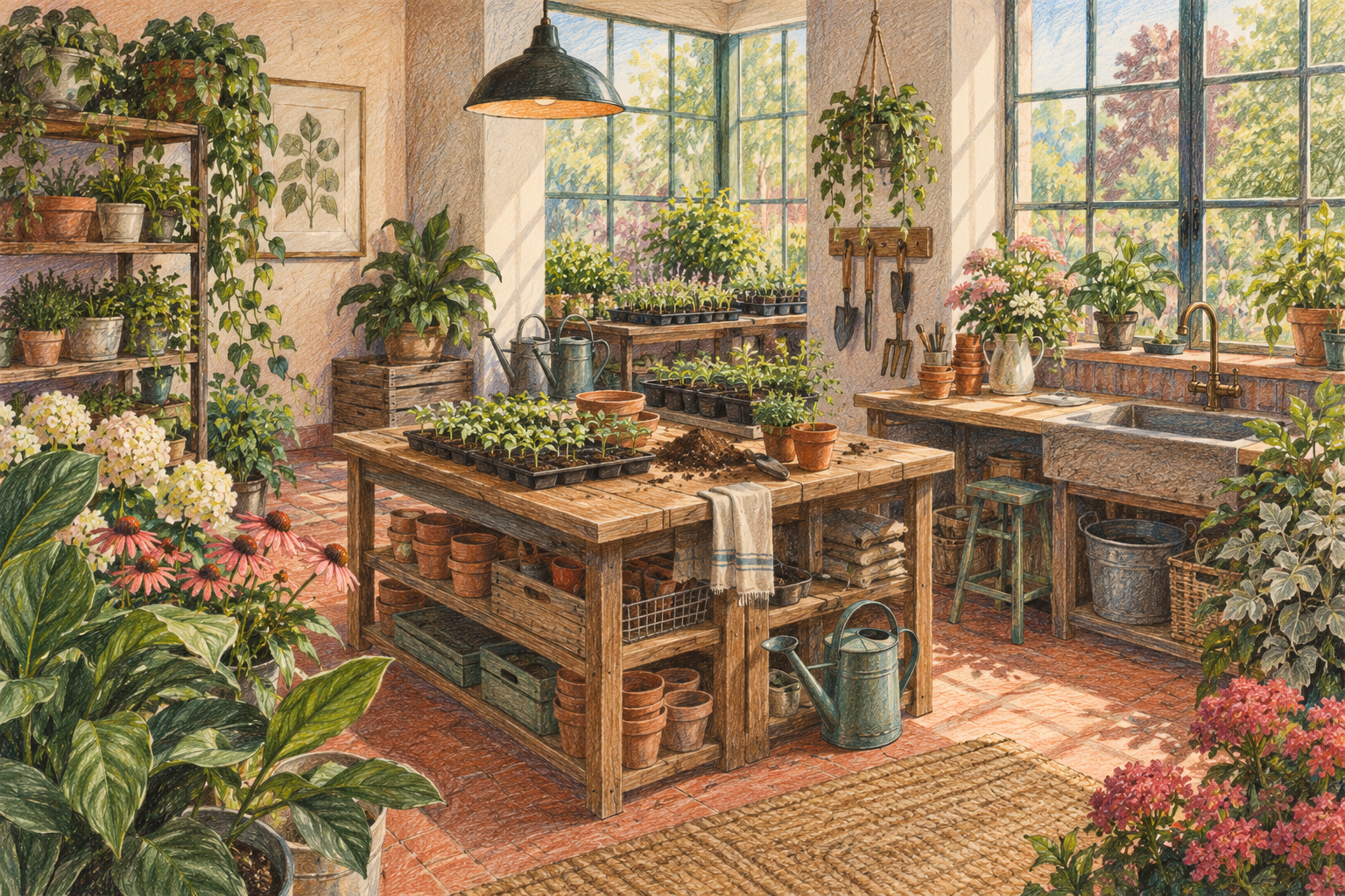 Illustration of independent garden center: potting benches, watering cans, seedling trays