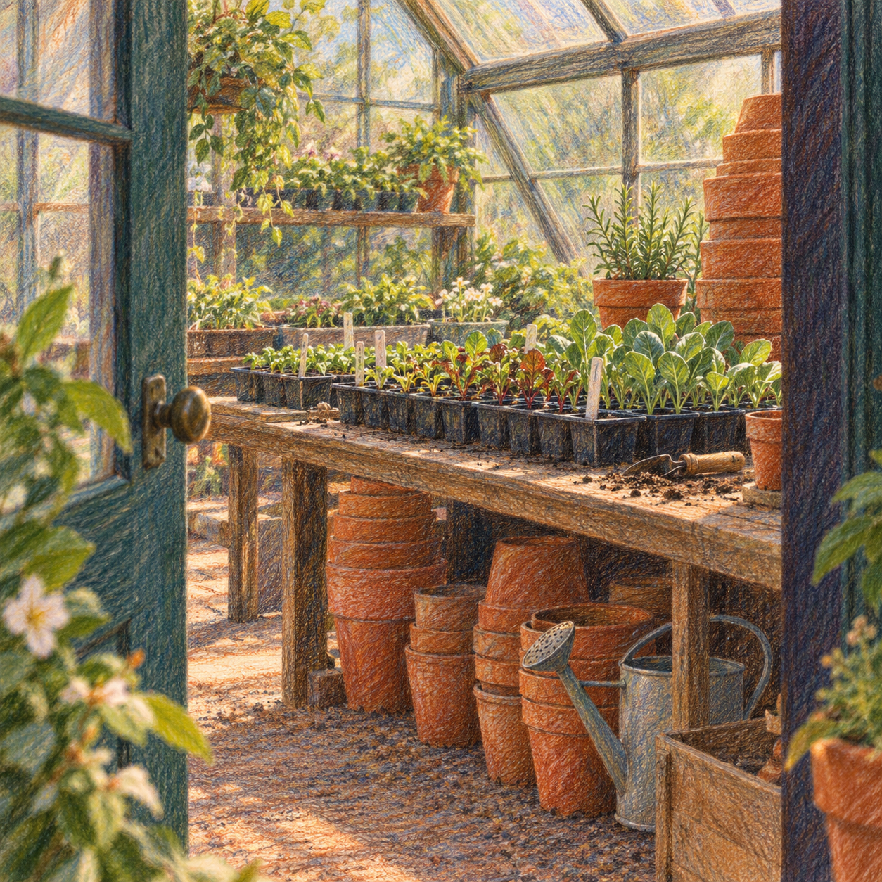 Illustration of independent garden center: seedling trays, greenhouse glazing, stacked terracotta pots